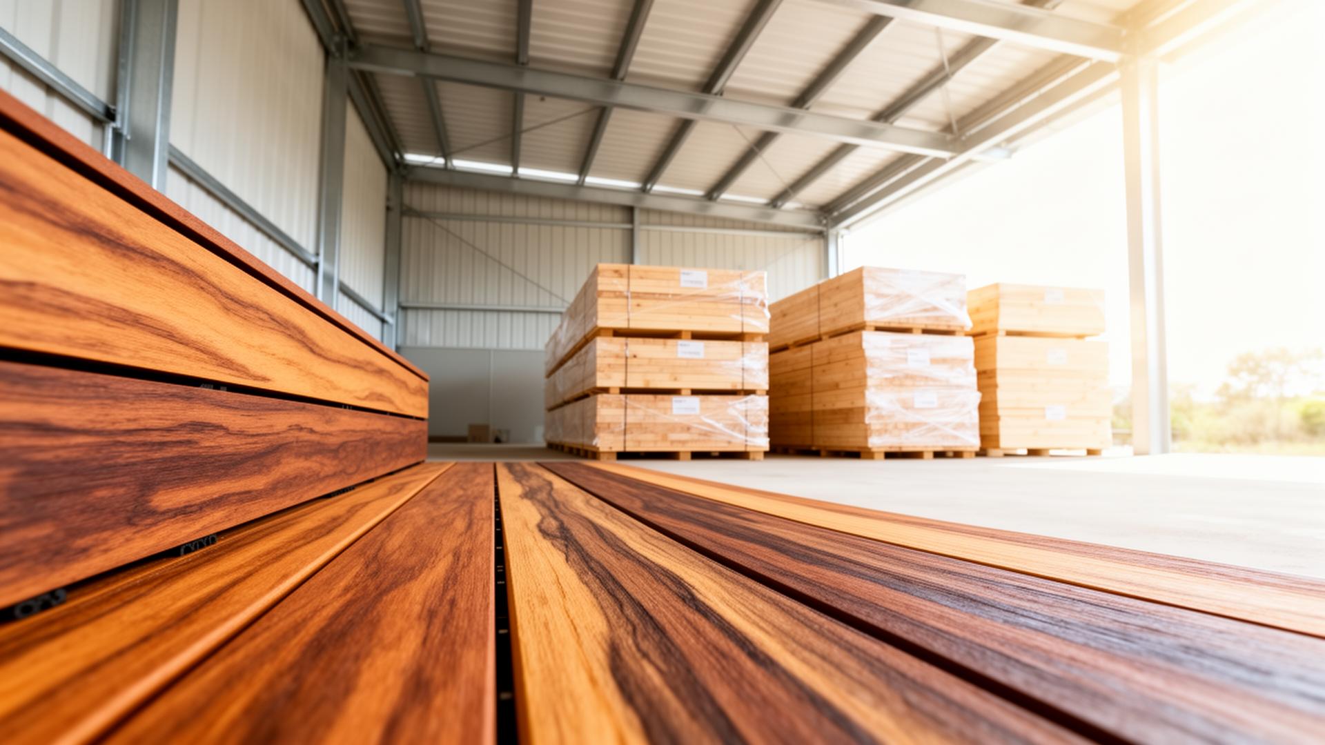 Wrapped lumber lifts and PVC decking staged inside a wholesale distribution warehouse